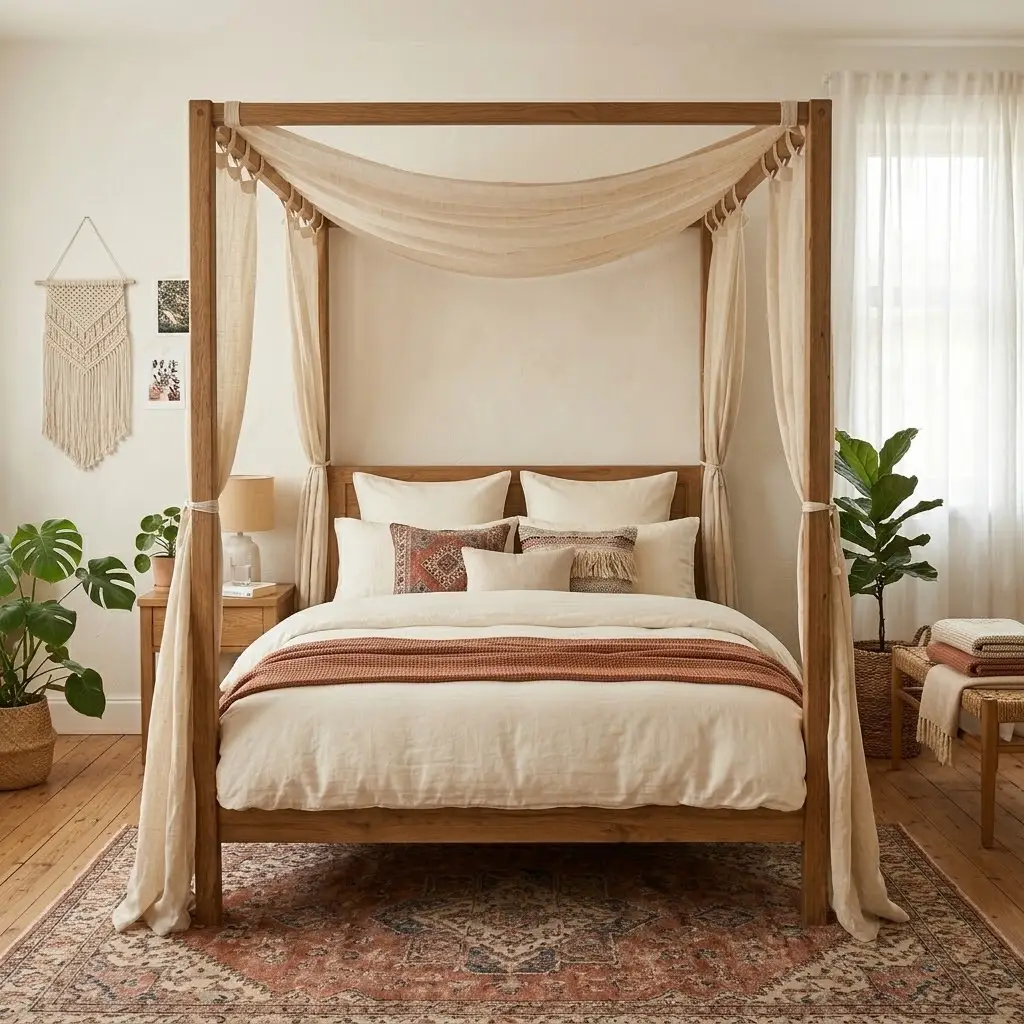 Bohemian bedroom featuring a wooden four-poster bed with loosely draped cream linen canopy fabric.