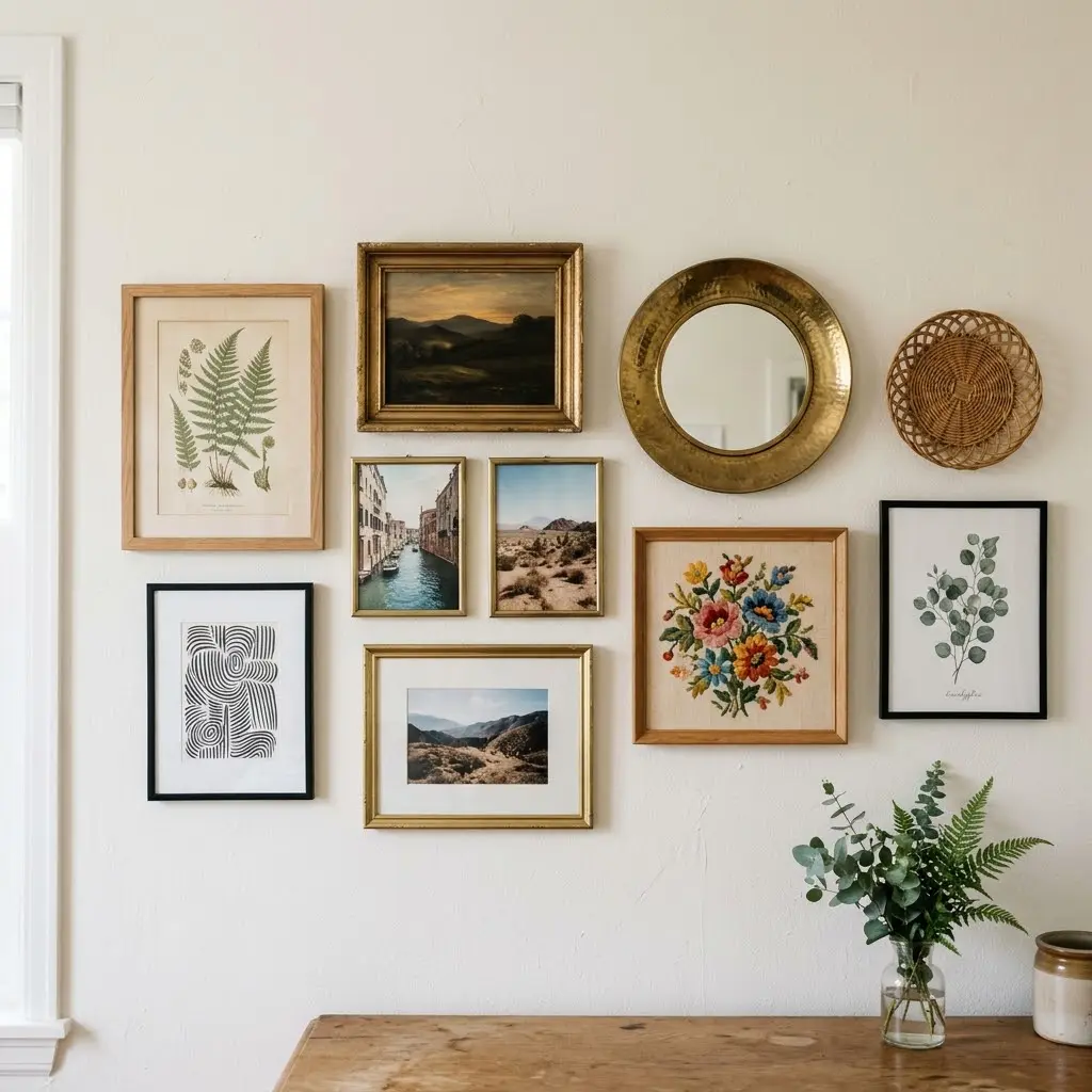 Bohemian styling featuring an eclectic gallery wall with botanical prints, travel photographs, mixed frames, and woven wall art.
