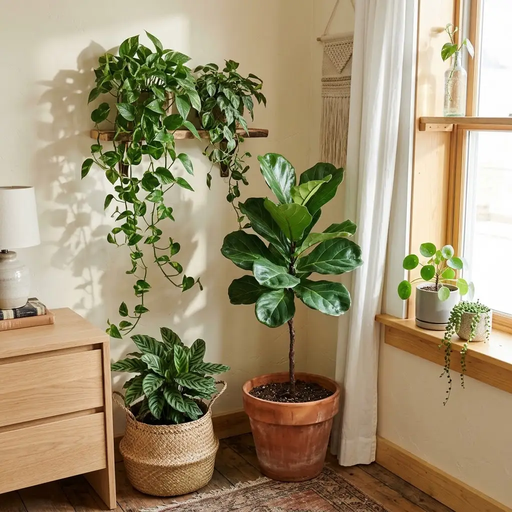 Bohemian decor ideas featuring indoor plants in terracotta pots, trailing pothos, and greenery arranged around a sunny window.