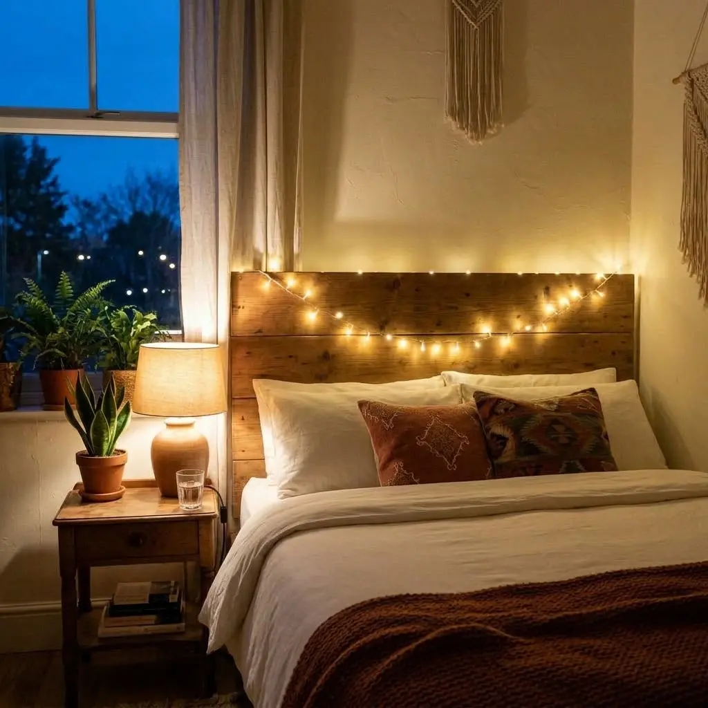 Bohemian bedroom styling featuring warm white fairy lights draped across a bed headboard,
