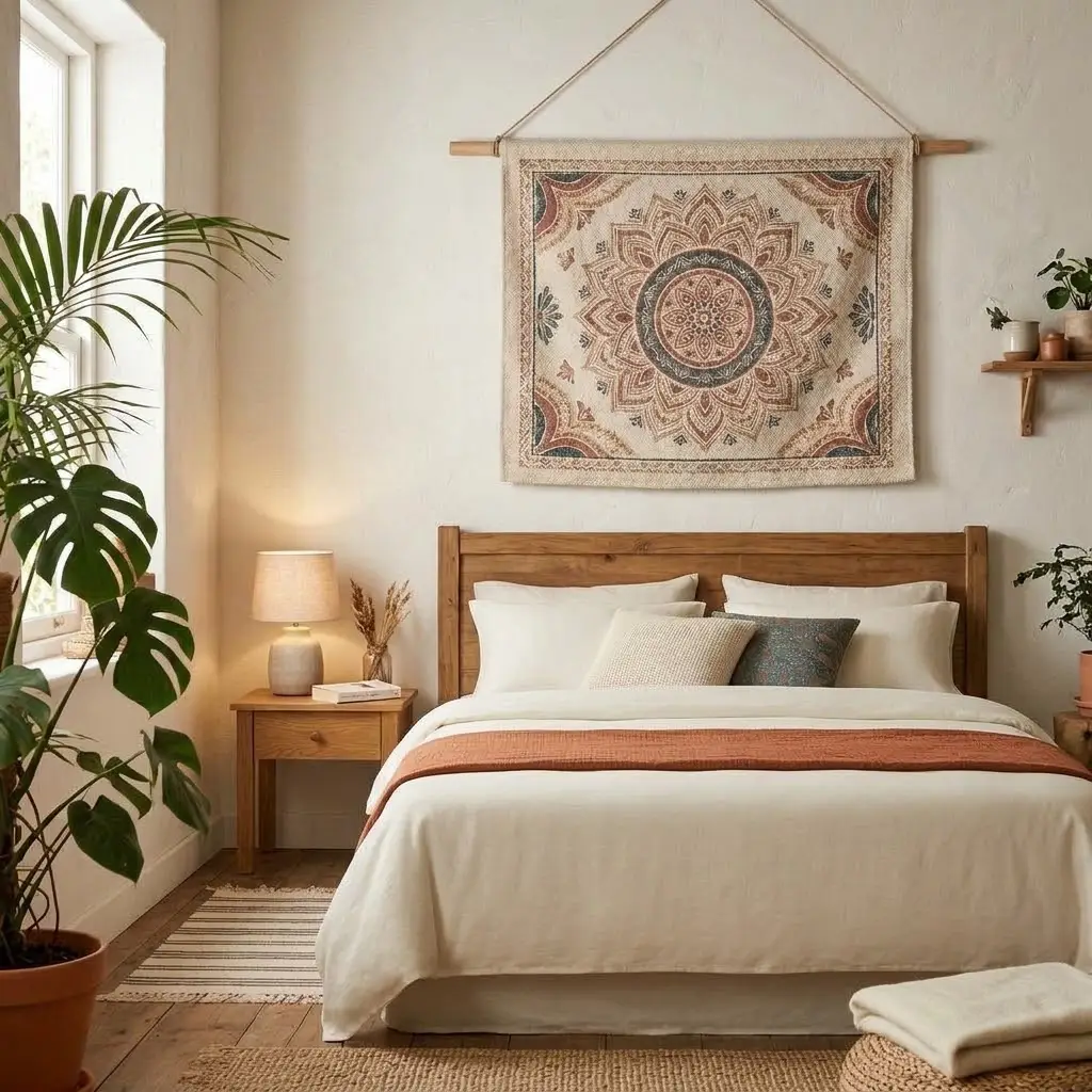 Bohemian design featuring a rust, terracotta, and cream woven tapestry hanging on the wall above the bed.