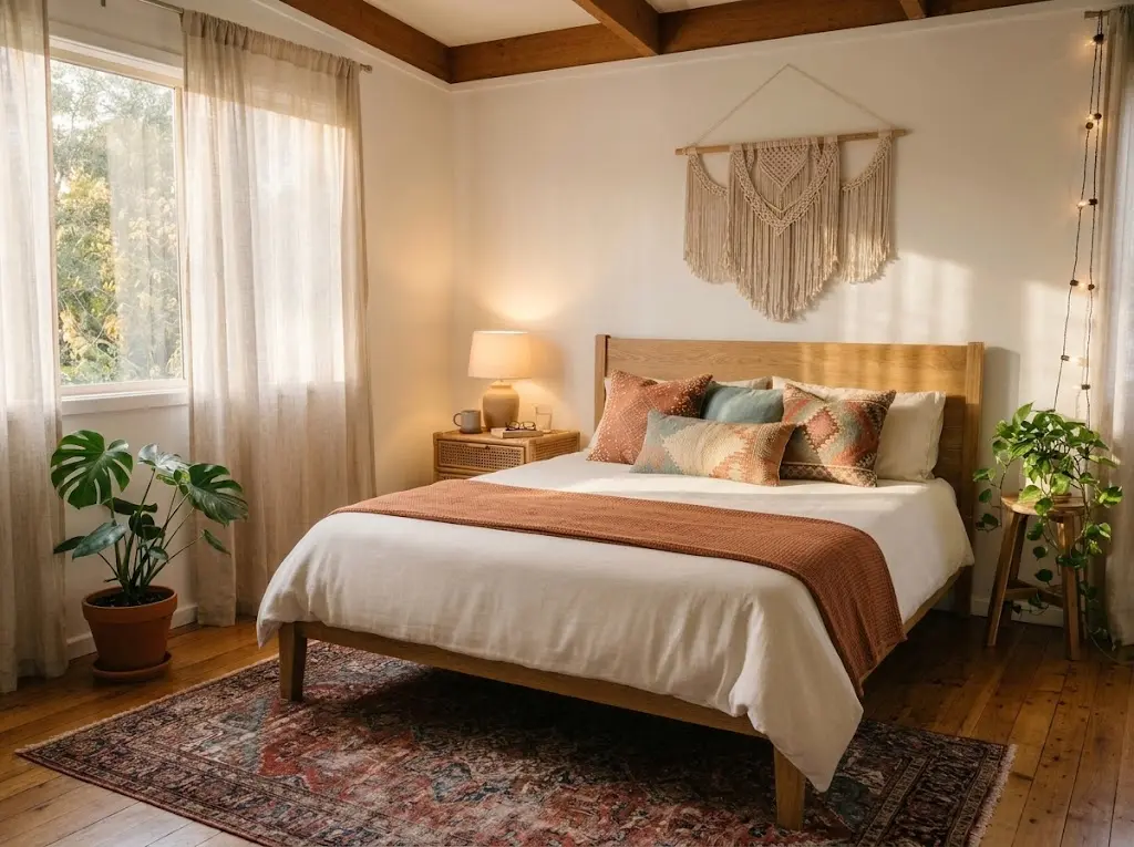 Bohemian bedroom ideas featuring a cozy, layered bedroom with earthy textiles, a vintage rug, natural rattan furniture, macramé wall décor, and indoor plants.