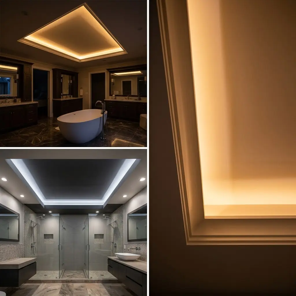 Three bathroom photos showing tray ceiling with LED cove lighting from warm amber glow to contemporary cool white finish.