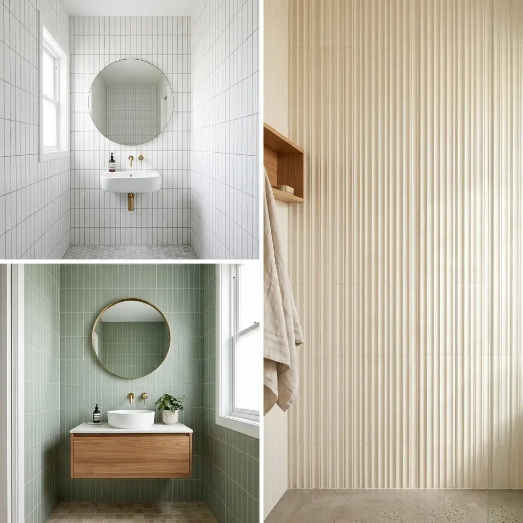 Three bathroom photos showing vertical tiles from floor to ceiling making compact bathrooms feel significantly taller and more spacious.