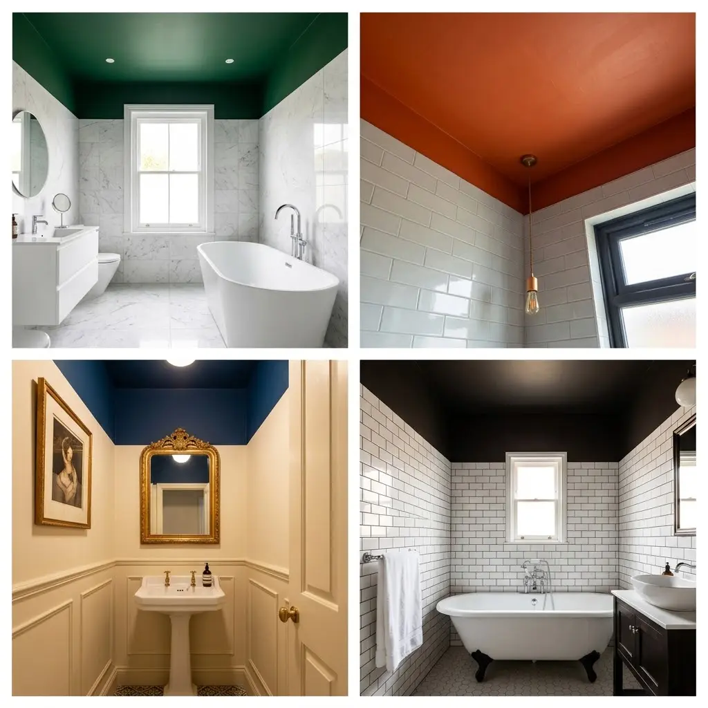 Four bathroom photos showing deep contrasting painted ceiling from forest green to terracotta navy and warm black above light walls.