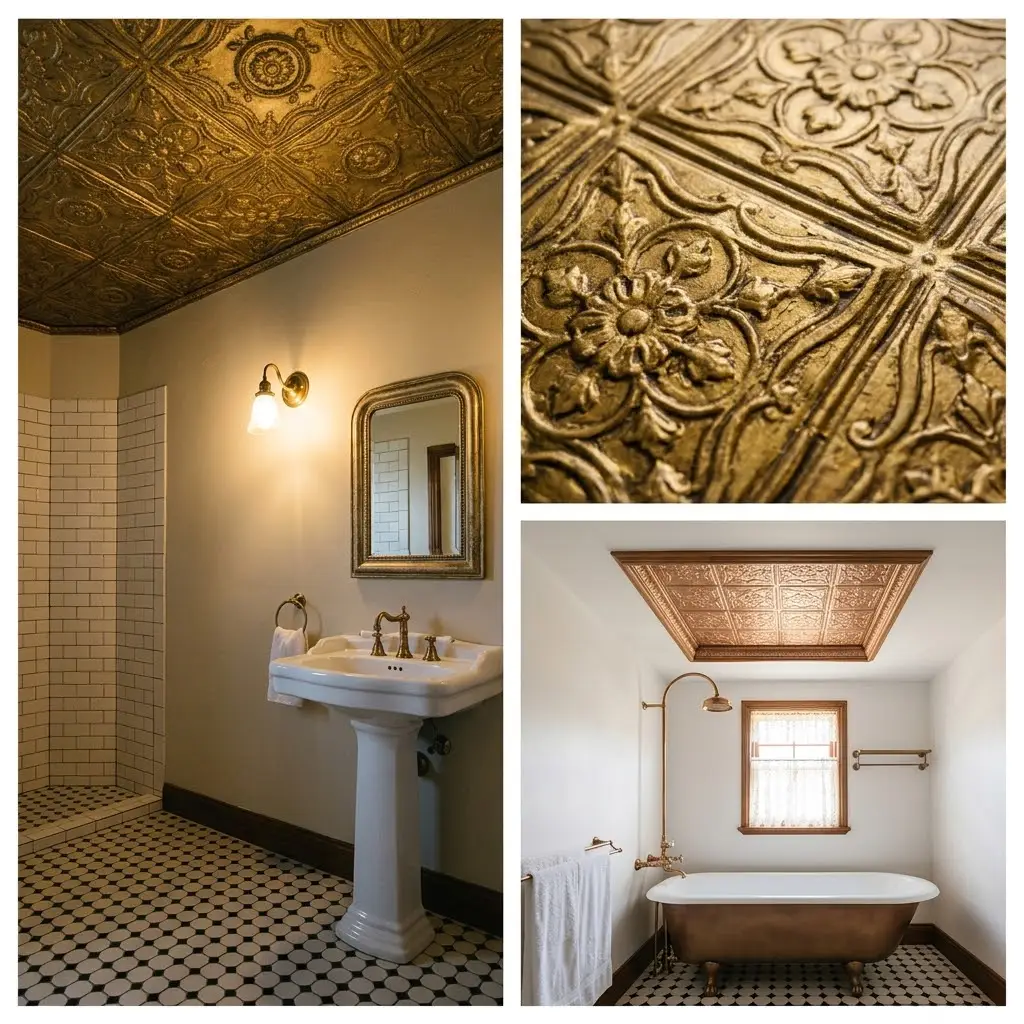 Three real bathroom photos showing pressed tin ceiling panels from full aged gold antique bathroom to bronze feature panel above clawfoot bath.