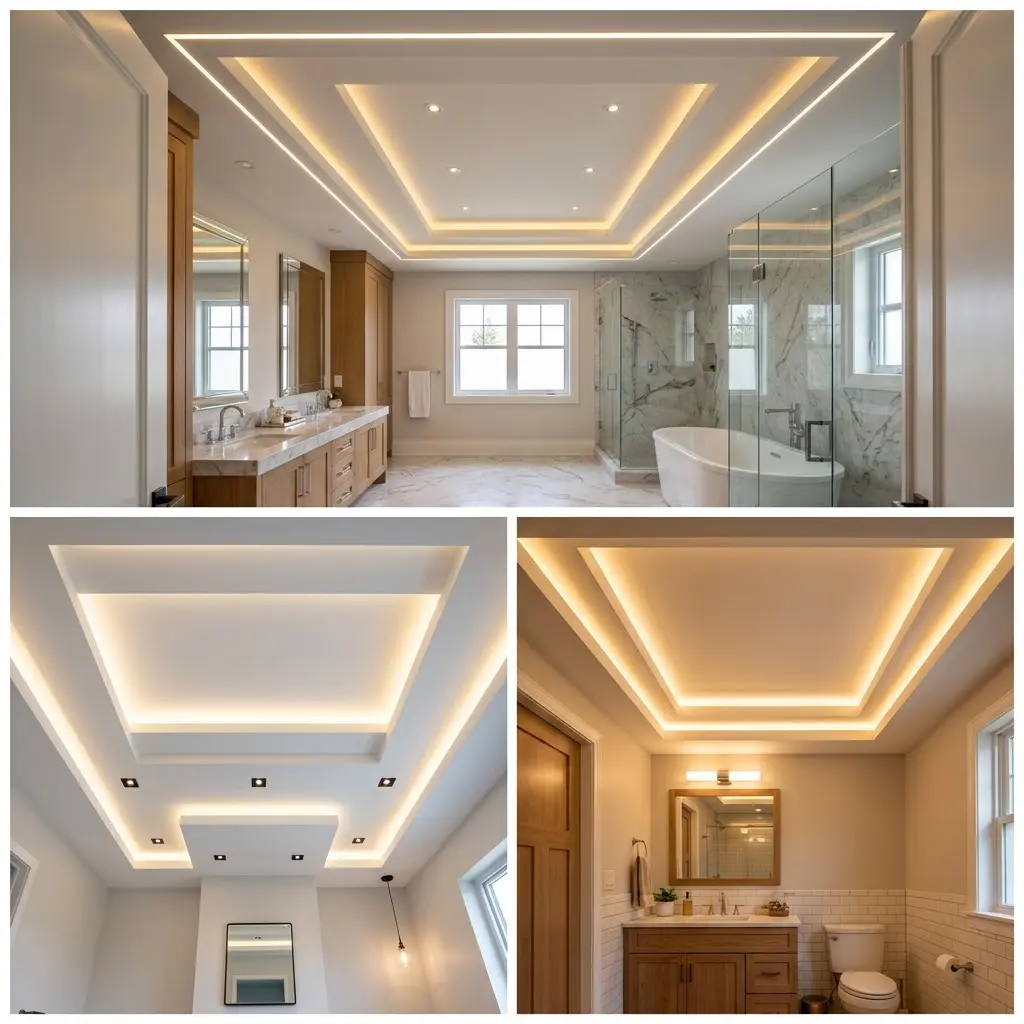 Three real bathroom photos showing stepped false ceiling design from two-level LED lit master bathroom to single perimeter step with cove lighting.