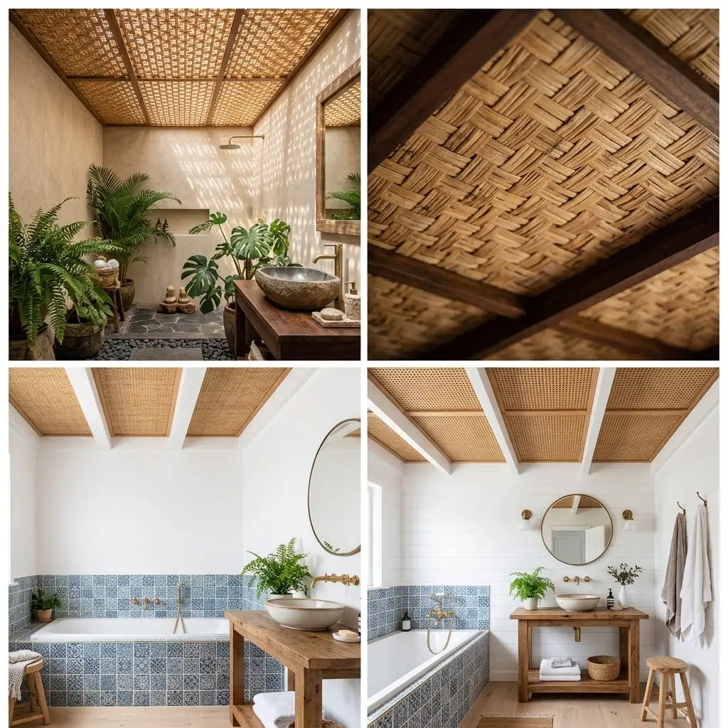 Three bathroom photos showing bamboo and rattan ceiling from tropical spa with stone basin to coastal bathroom with blue tiled bath.