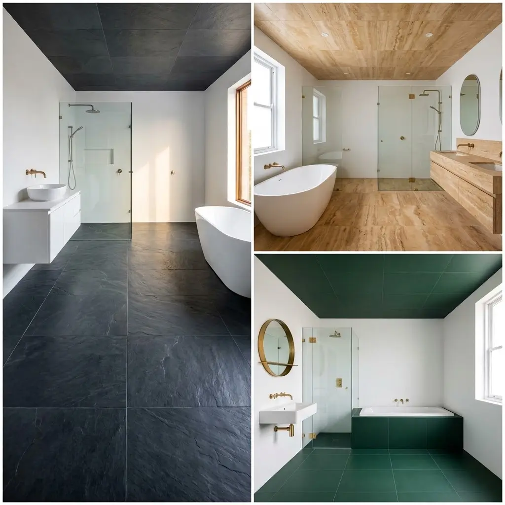 Three real bathroom photos showing large format tiles on floor and ceiling only with plain white walls creating bold architectural contrast in spacious bathrooms.