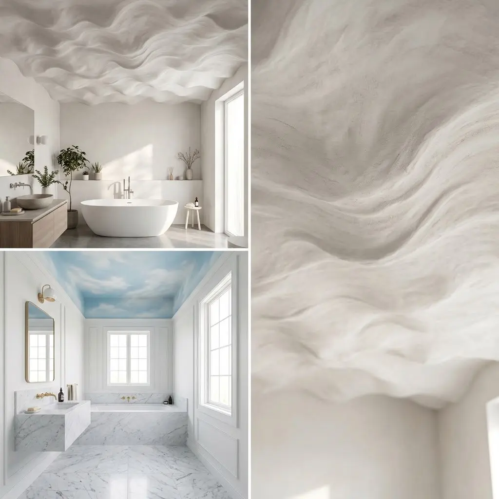 Three bathroom photos showing cloud effect plaster ceiling from sculpted undulating plaster to airbrushed sky effect in powder room.