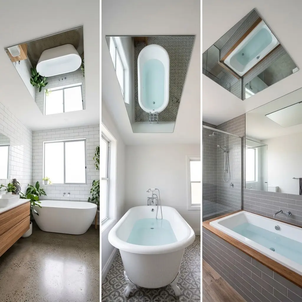 Three real bathroom photos showing mirrored ceiling panel above freestanding and built-in baths from brass framed glamorous to contemporary frameless design.
