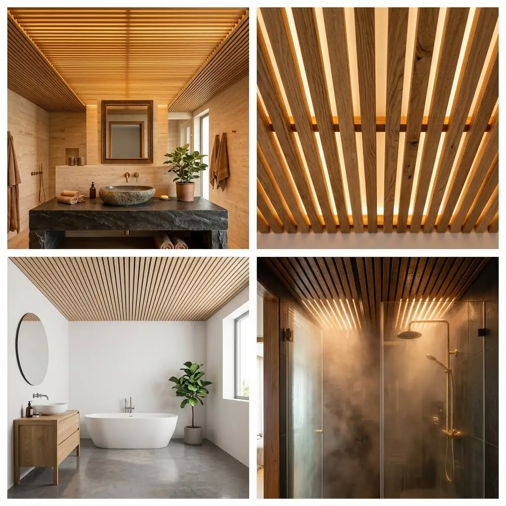 Four bathroom photos showing slatted wood ceiling from resort spa style to Japandi minimalist with LED lighting between slats.