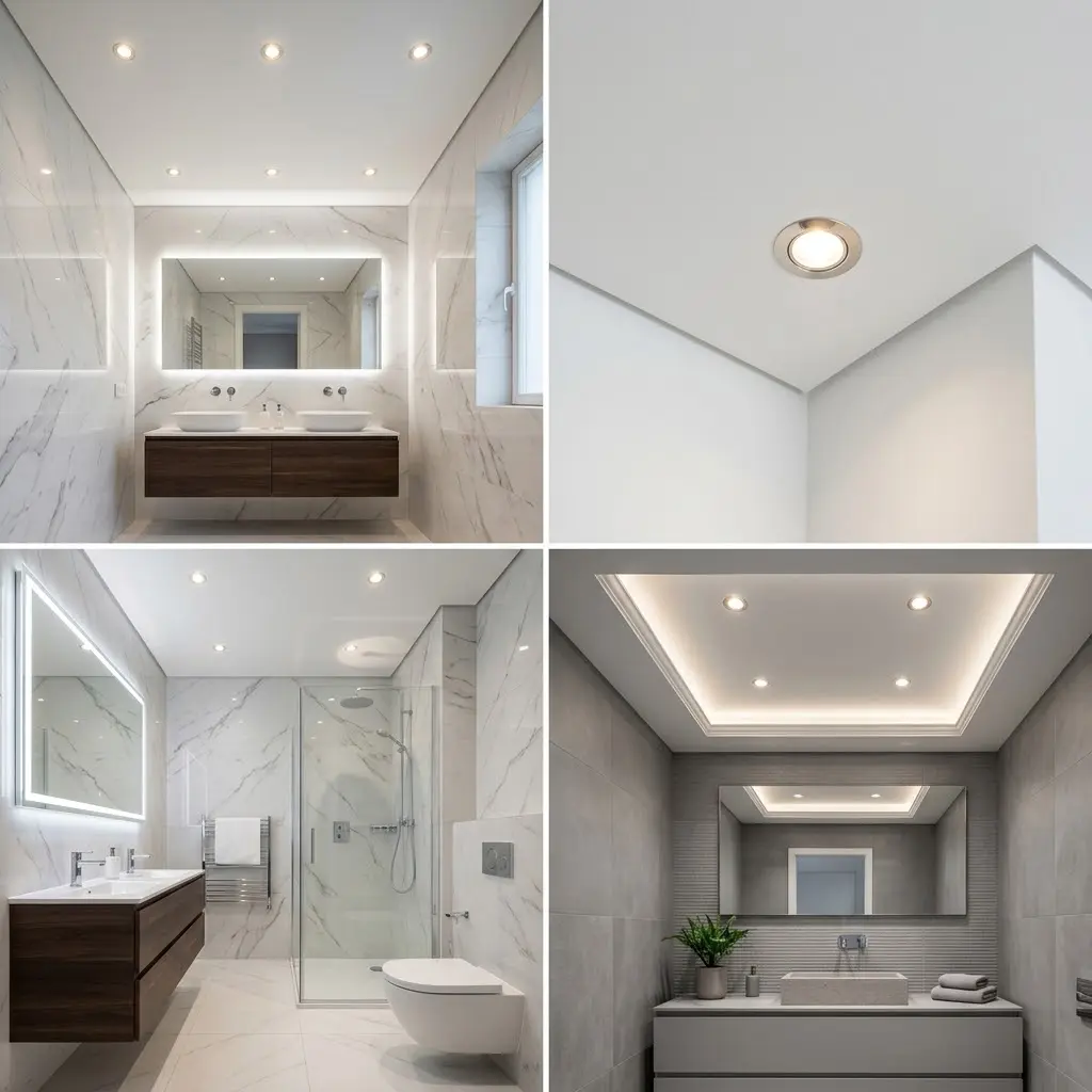 Three bathroom photos showing gypsum false ceiling with recessed spotlights from plain white grid to layered cove and spot lighting.
