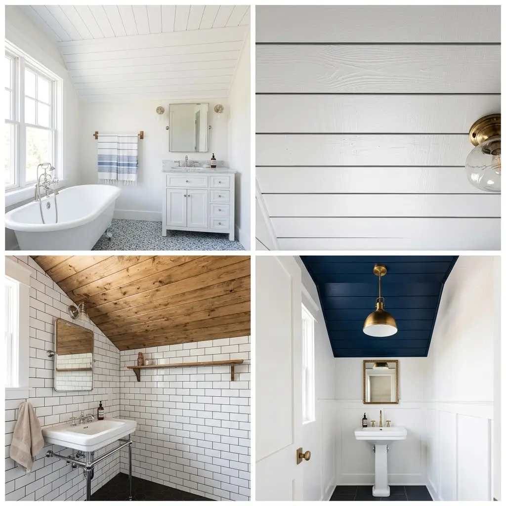 Four bathroom photos showing shiplap ceiling from white coastal to navy dramatic and natural wood farmhouse styles.