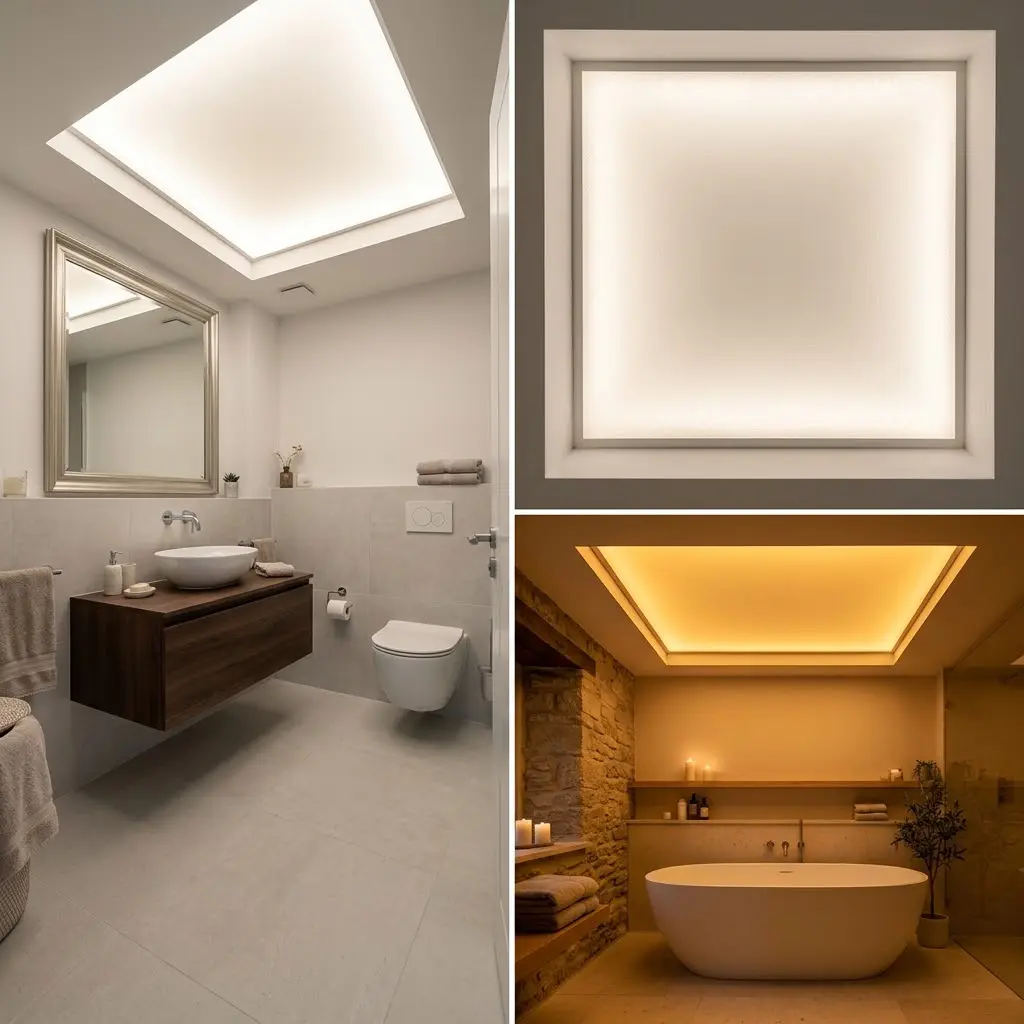 Three bathroom photos showing backlit frosted glass ceiling panel from bright white daylight effect to warm amber spa atmosphere.