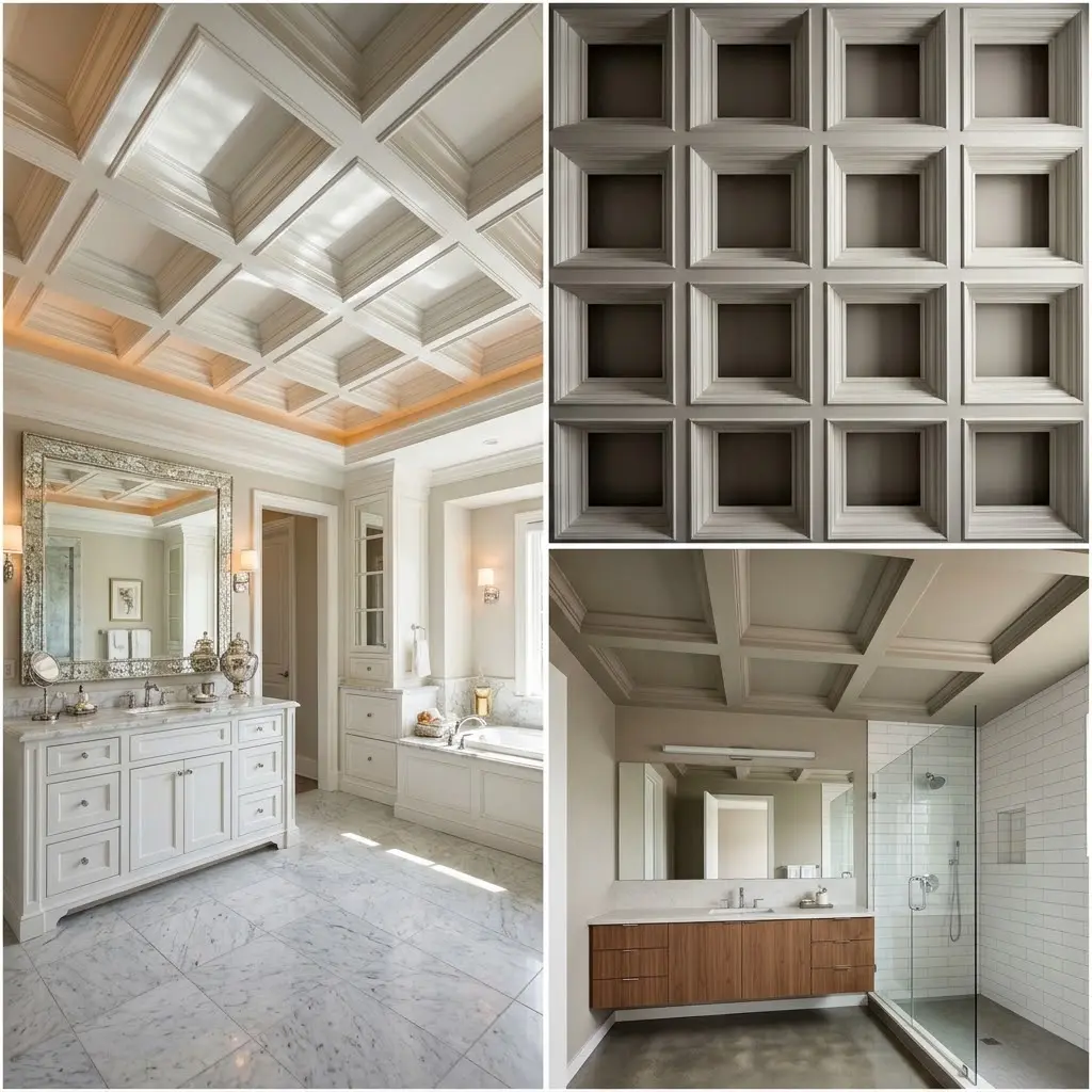Three bathroom photos showing coffered ceiling from deep white geometric traditional to shallow contemporary greige panel design.