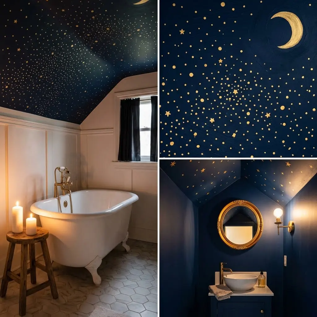 Three bathroom photos showing hand-painted starry night ceiling from navy and gold freestanding bath bathroom to jewellery box powder room.