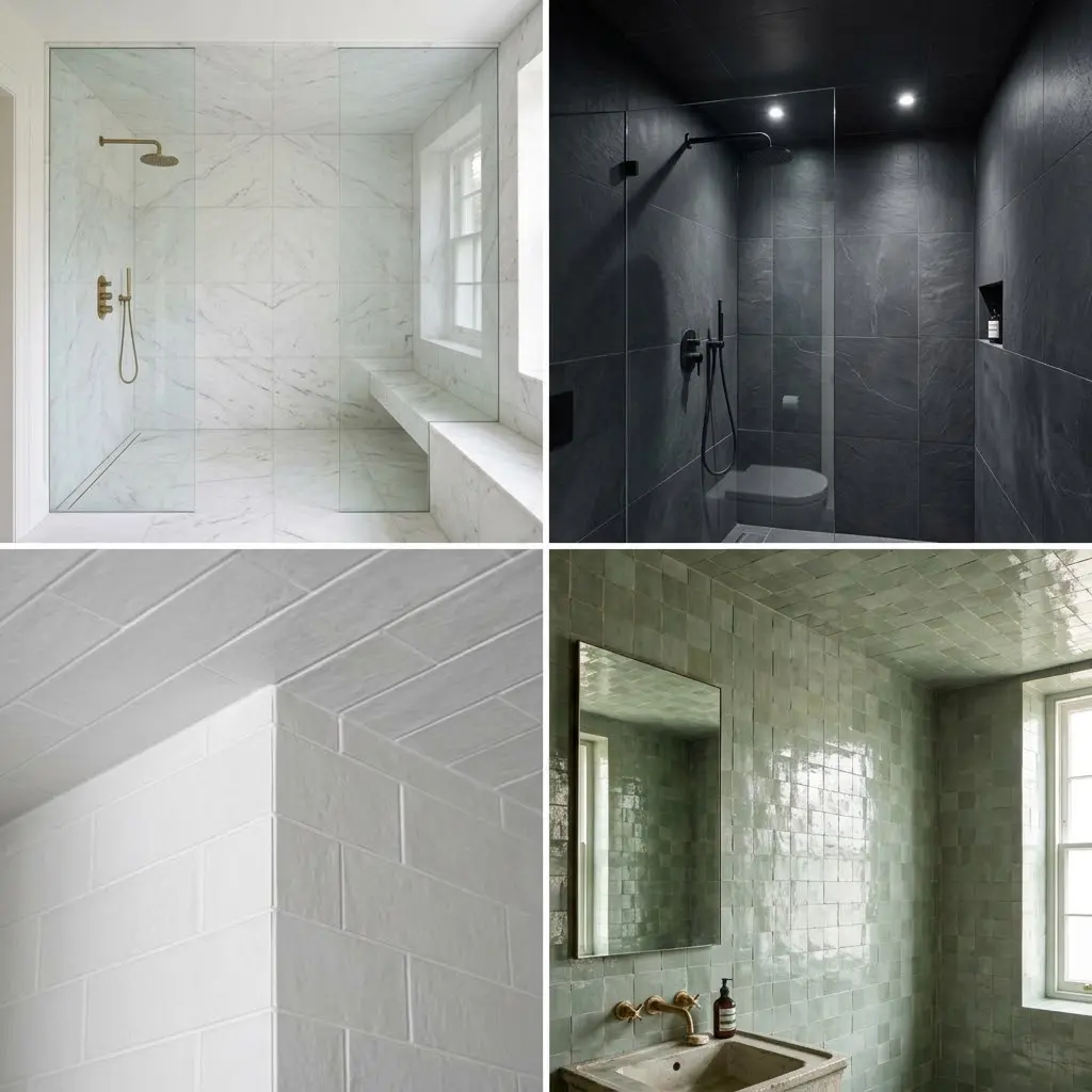 Four bathroom photos showing continuous tile from wall to ceiling from white marble wet room to sage green zellige enclosure.