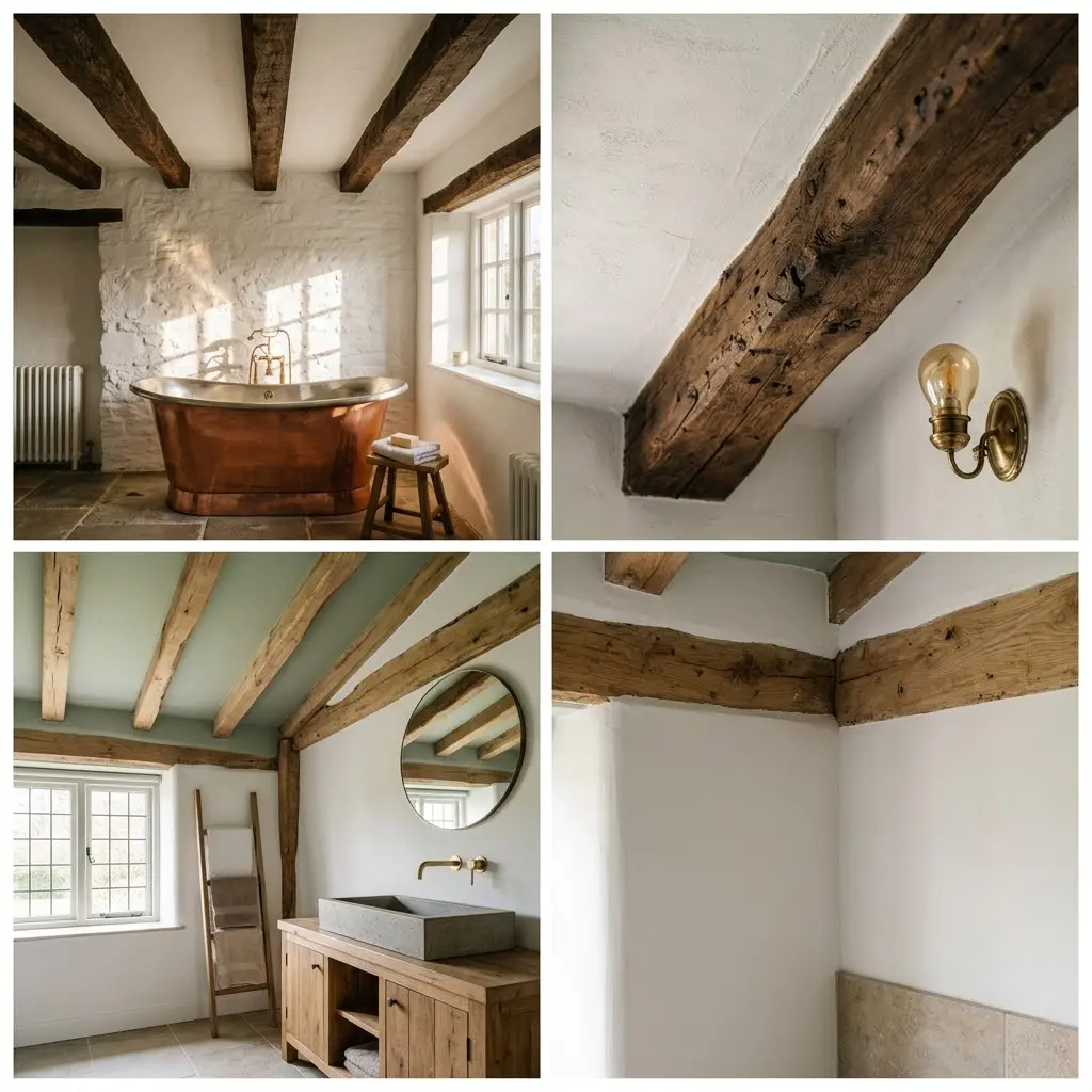 Three real bathroom photos showing exposed wooden beam ceiling from dark oak with copper bath to pale wood beams with modern concrete basin.