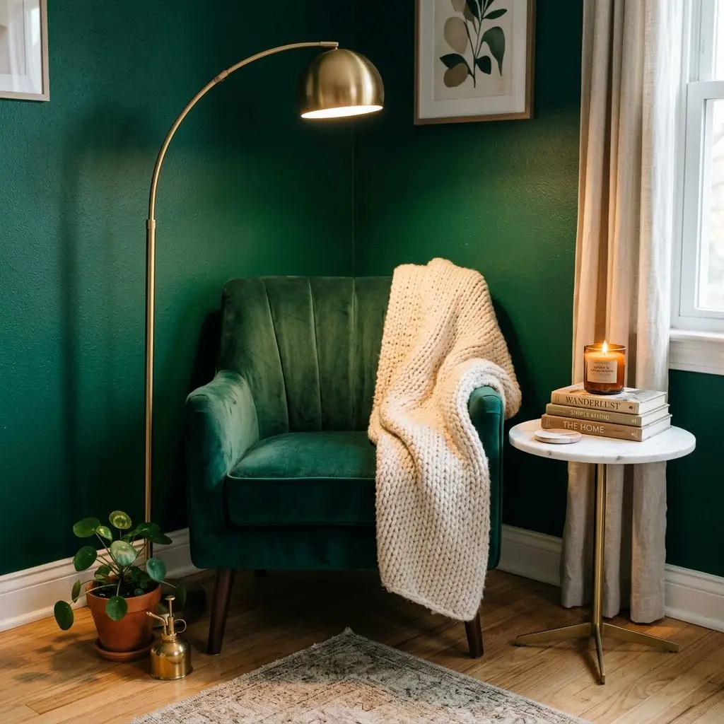 Velvet accent chair and brass floor lamp styled as bedroom corner decor ideas.