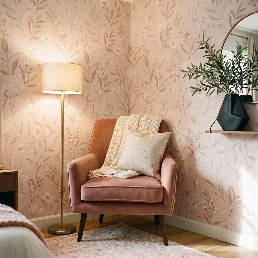 Botanical peel-and-stick wallpaper wrapping around a corner with a velvet chair.