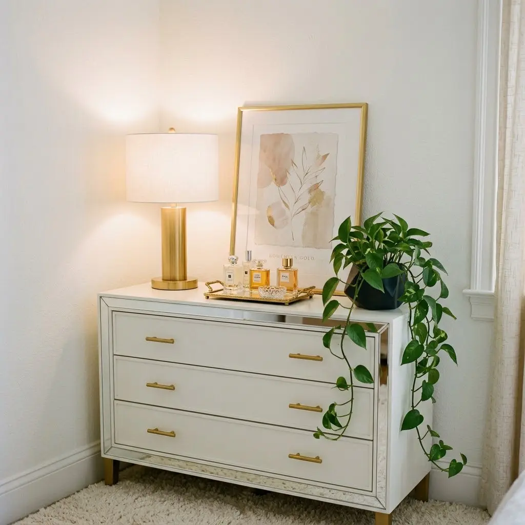Mirrored dresser with perfume bottles and a gold lamp in a styled bedroom corner.