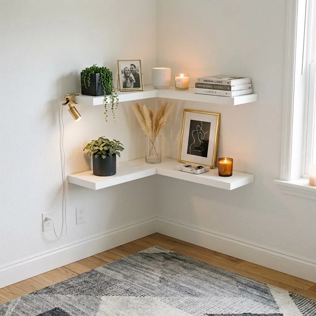 Floating shelves wrapping around two walls of a gallery bedroom corner.