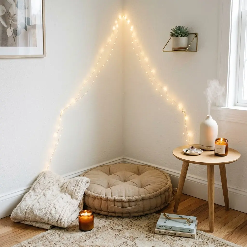 Meditation cushion and fairy lights styled for a calm bedroom corner.