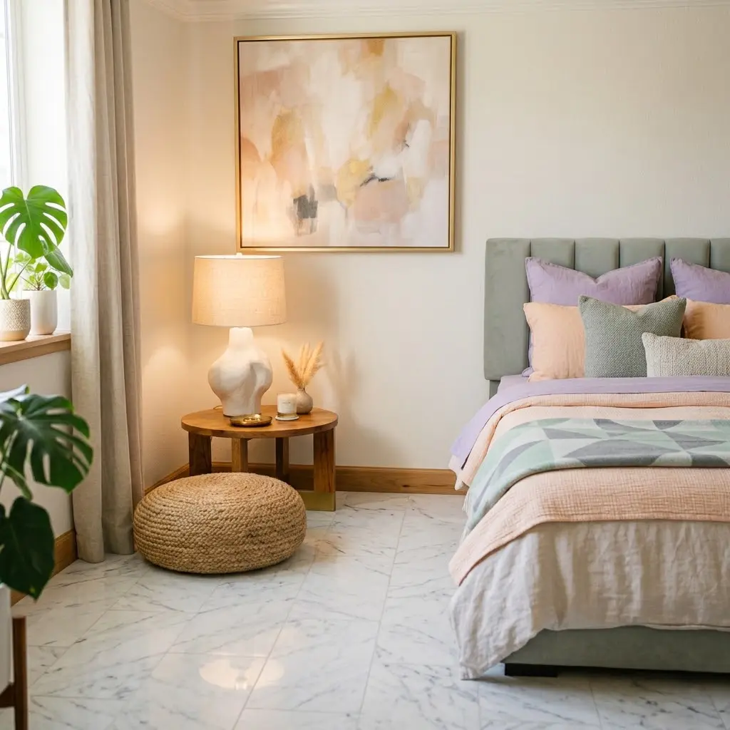 Large canvas art and a sculptural lamp styled in a modern bedroom corner decor ideas.