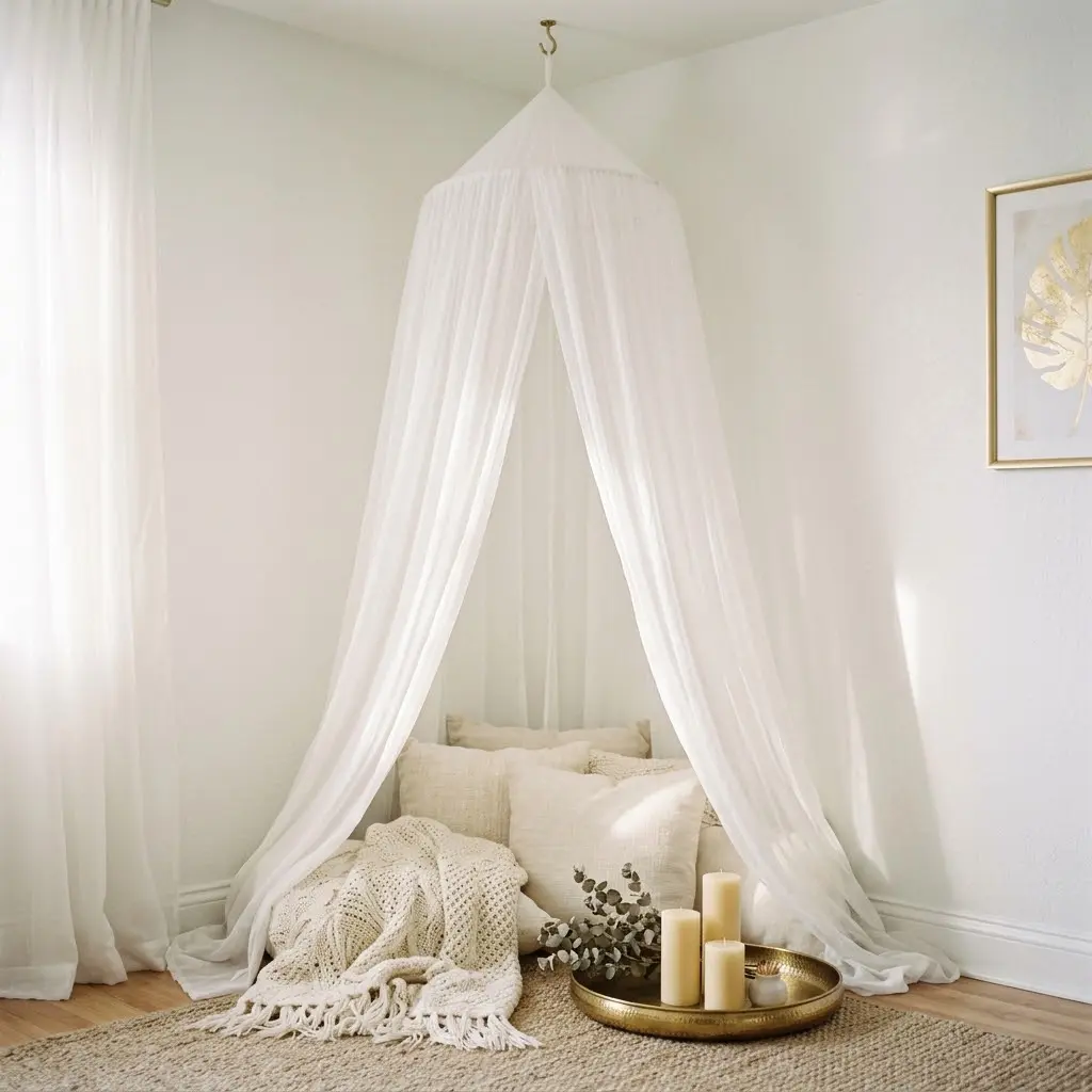 Sheer canopy curtain draped above floor cushions in a dreamy bedroom corner.