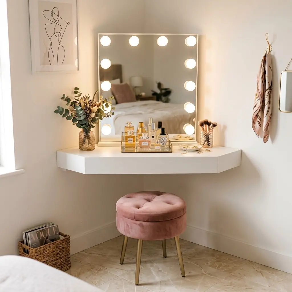 Hollywood vanity mirror with bulb lighting styled in a glam bedroom corner.