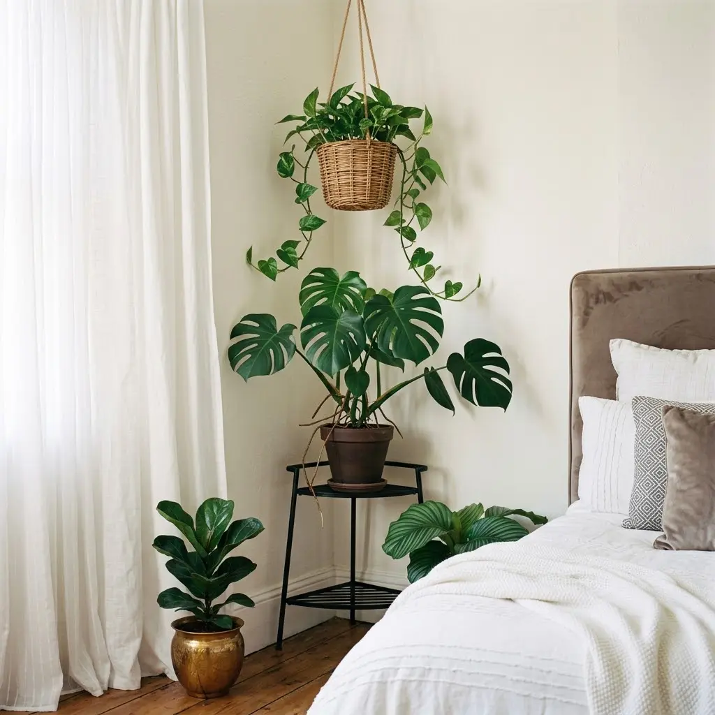 Lush plant corner layered with a monstera, hanging planter, and trailing vines.