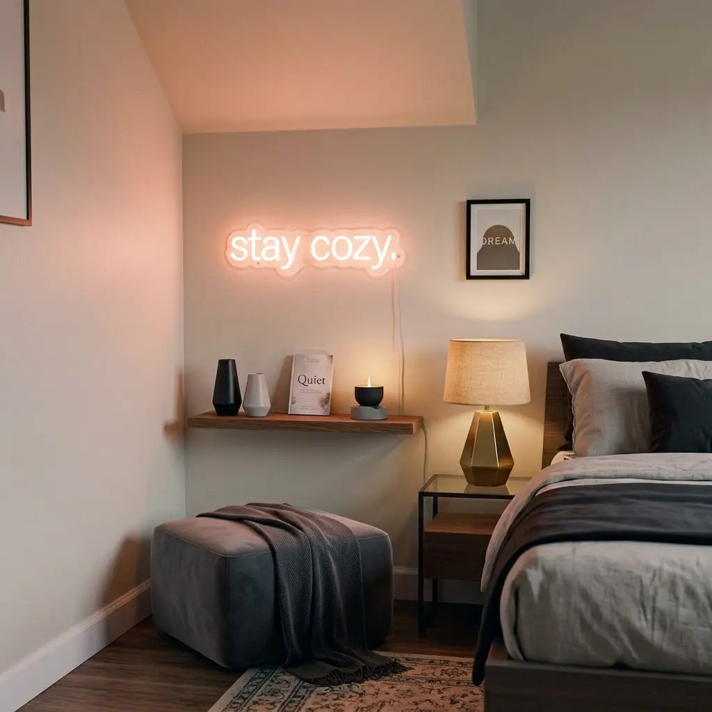 LED neon sign glowing above a floating shelf and woven pouf in a bedroom corner.
