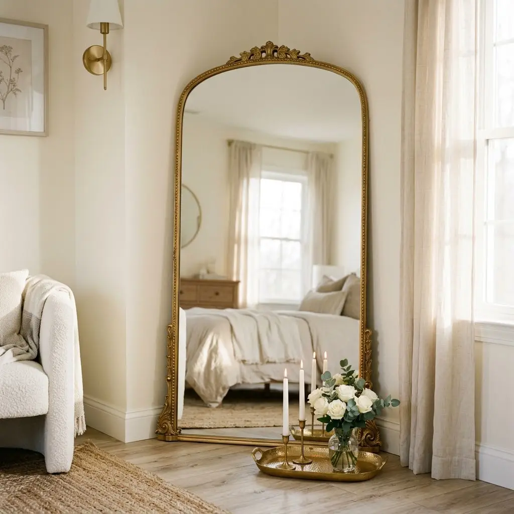 Arched gold floor mirror leaning into a corner with white roses and candles below.