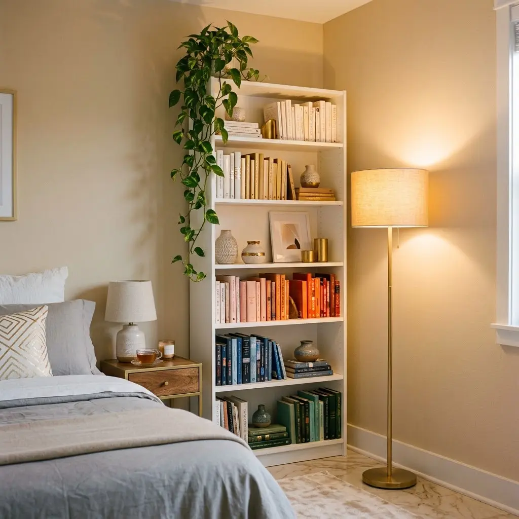 Tall bookshelf with color-organized books styled in a warm bedroom corner.