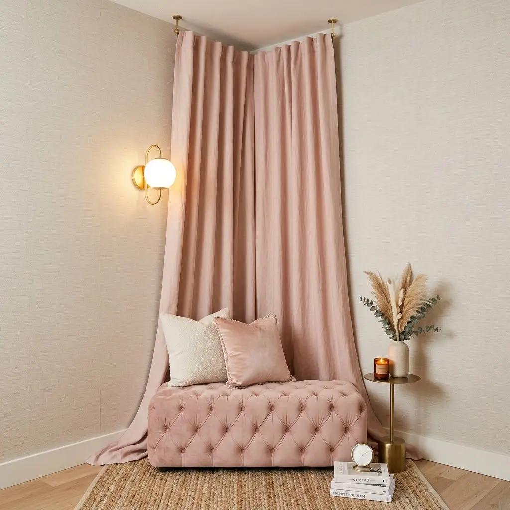 Floor-to-ceiling curtain panel creating a soft backdrop in a bedroom corner.