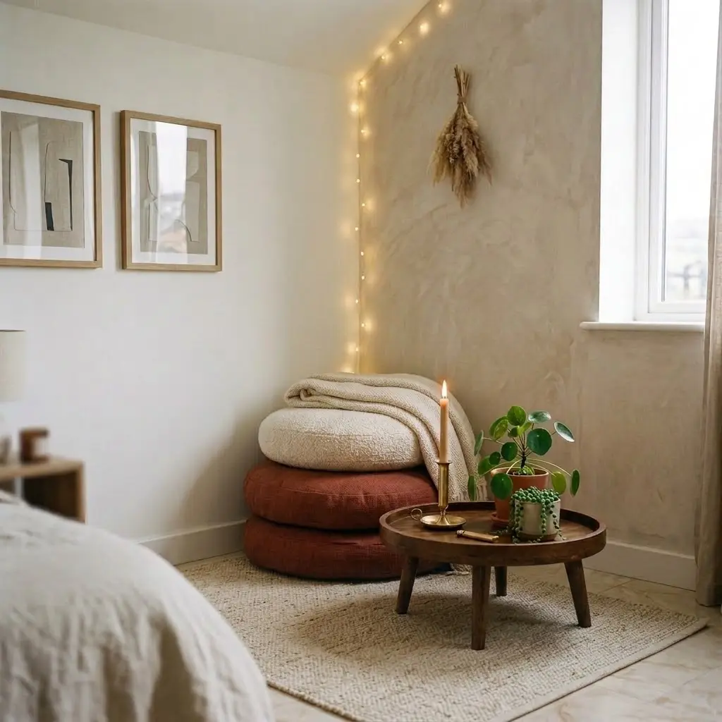 A floor seating in the corner if a bedroom in an earthy style.