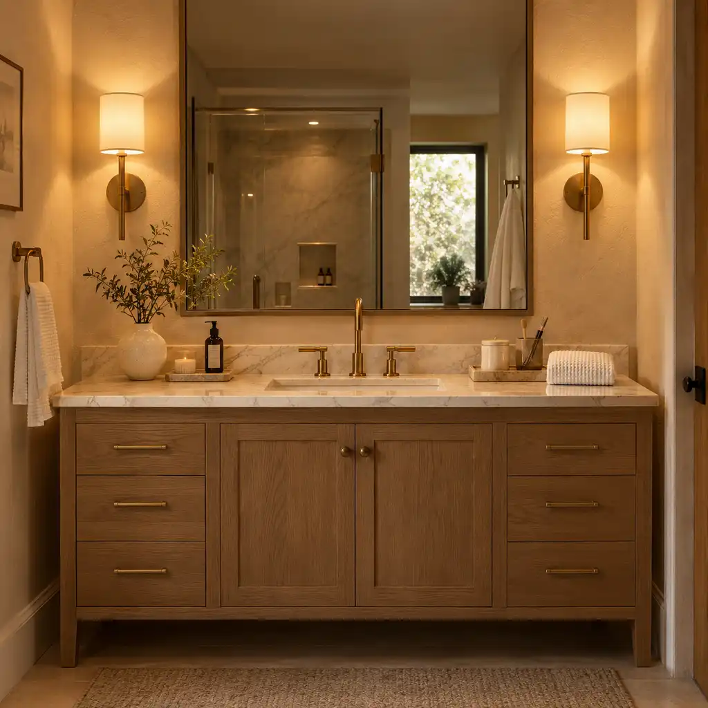 Bathroom design ideas featuring warm vanity sconces beside a mirror in a simple, modern bathroom.