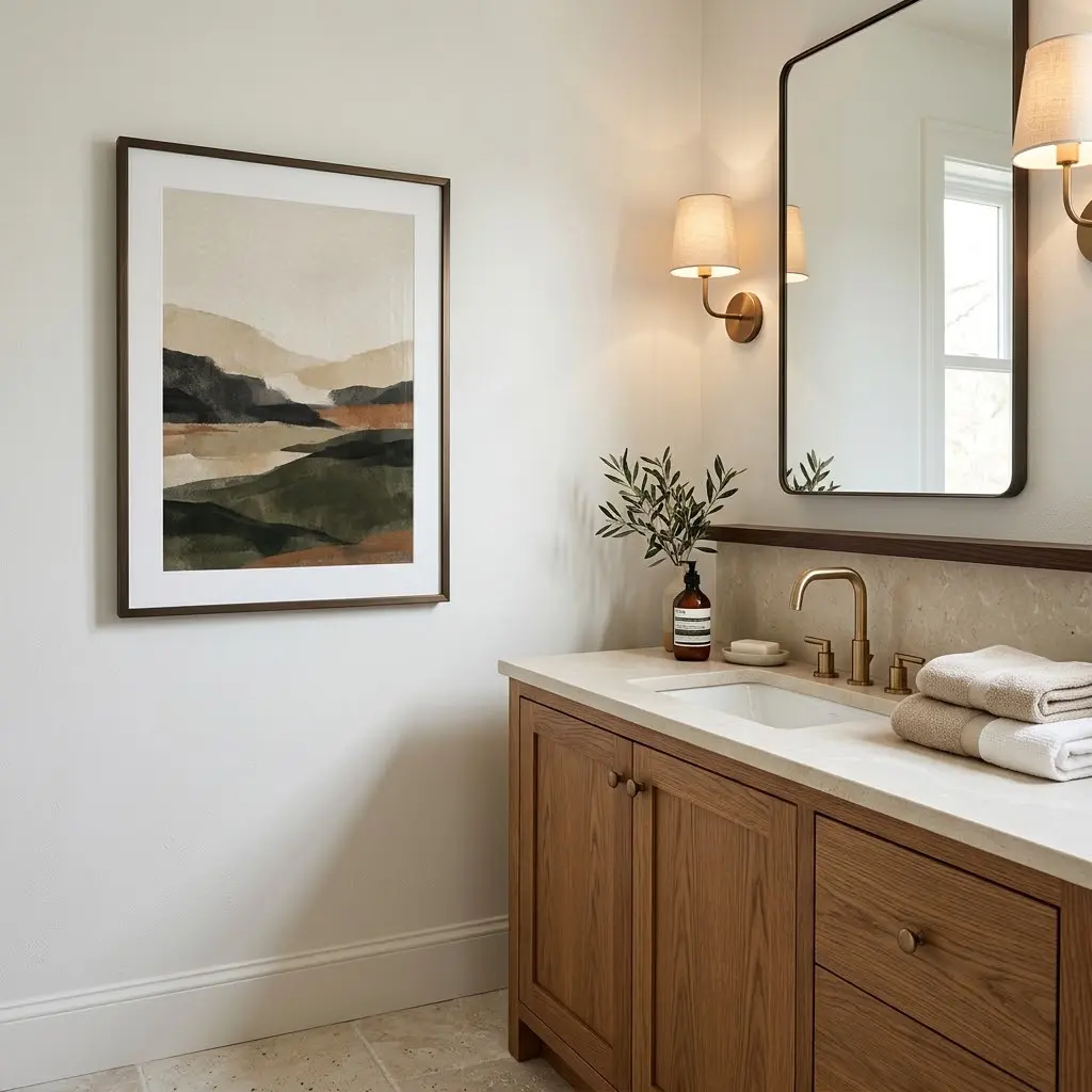 Framed botanical artwork adding personality to a small bathroom with a simple white vanity.