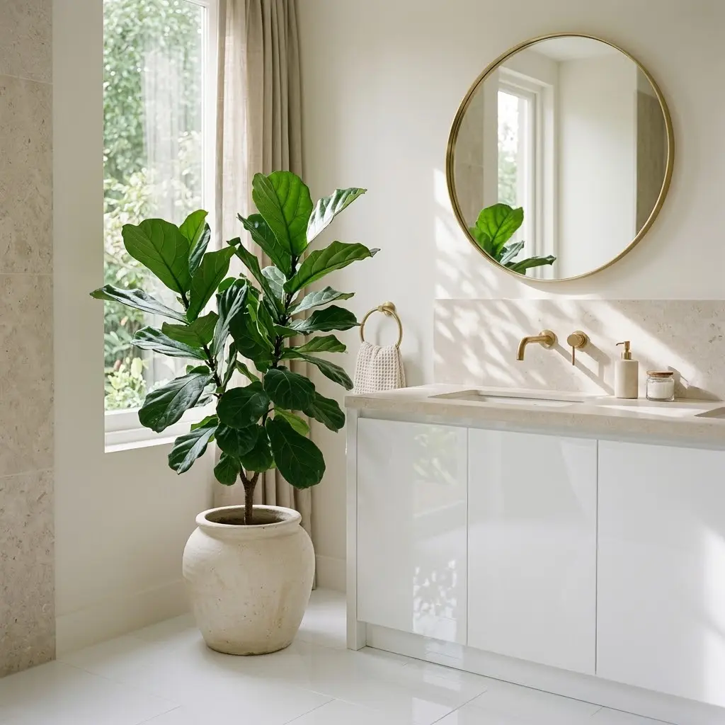 Green leafy plant in a ceramic pot brightening a small bathroom with sage walls and patterned floor tiles.