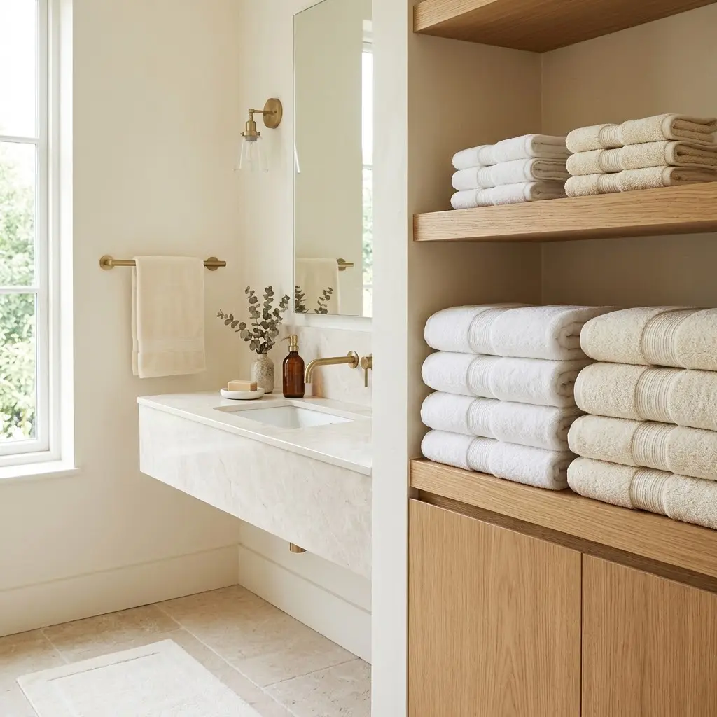 Coordinated white towels neatly arranged on a bathroom shelf in a simple beige bathroom.