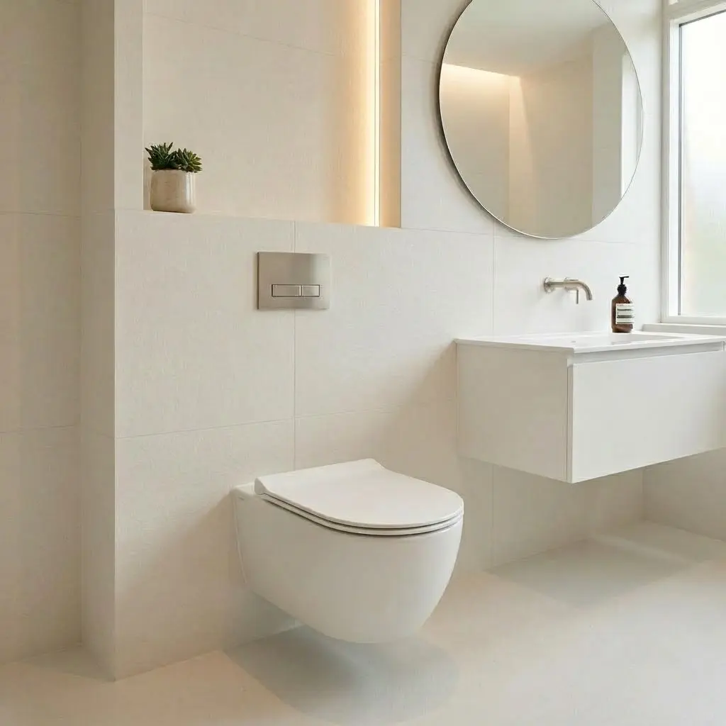 Wall-hung toilet with a concealed cistern and clean white tiles in a modern compact bathroom.