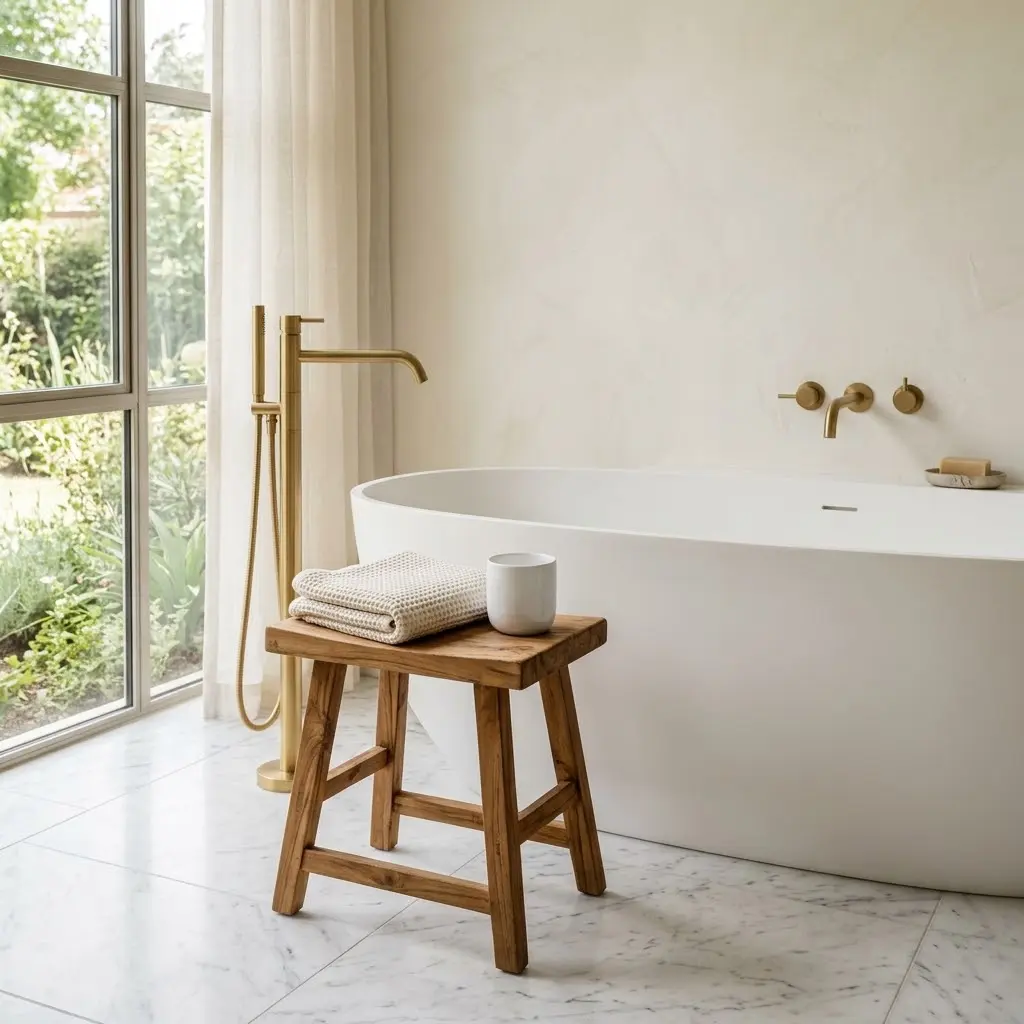 Small wooden stool beside a bathtub holding a folded towel in a simple, welcoming bathroom.