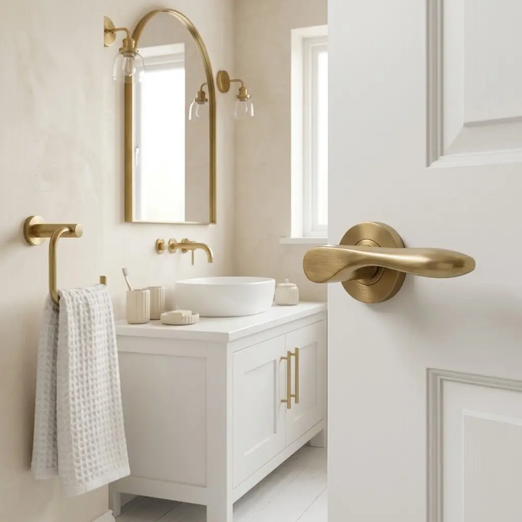 Matching bathroom door handle and chrome fixtures creating a consistent, coordinated finish.