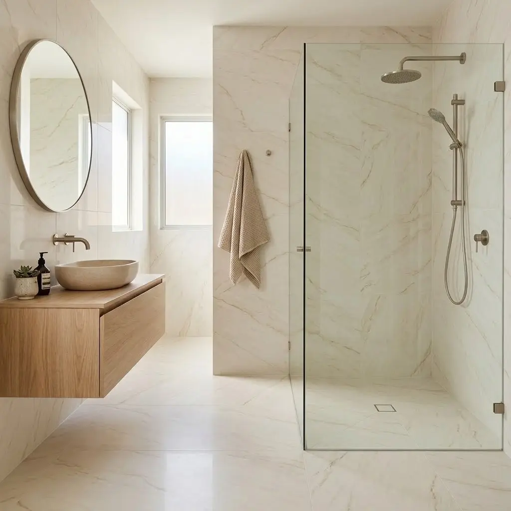 Large-format marble patterned tiles creating a clean, spacious look in a practical bathroom with a bathtub and shower.