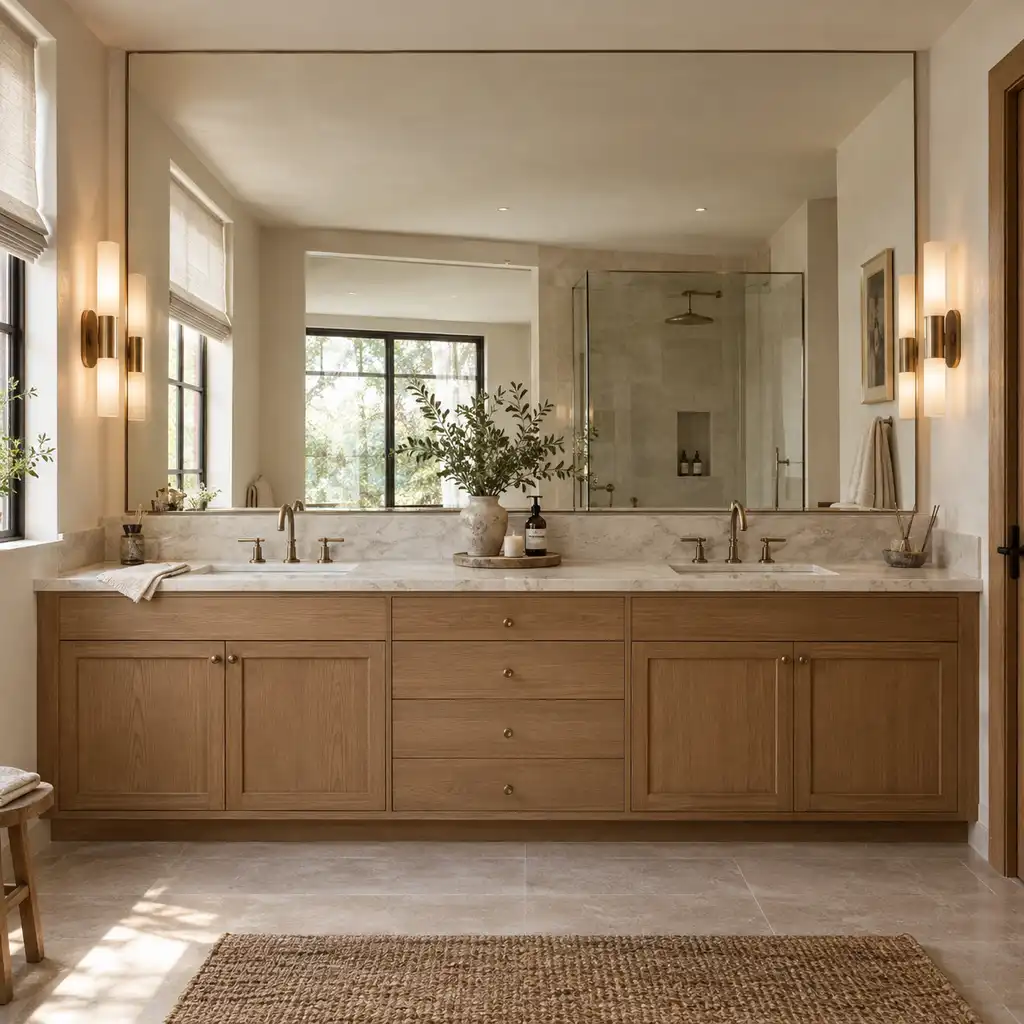 Oversized mirror above a simple bathroom vanity to make the room feel brighter and larger.