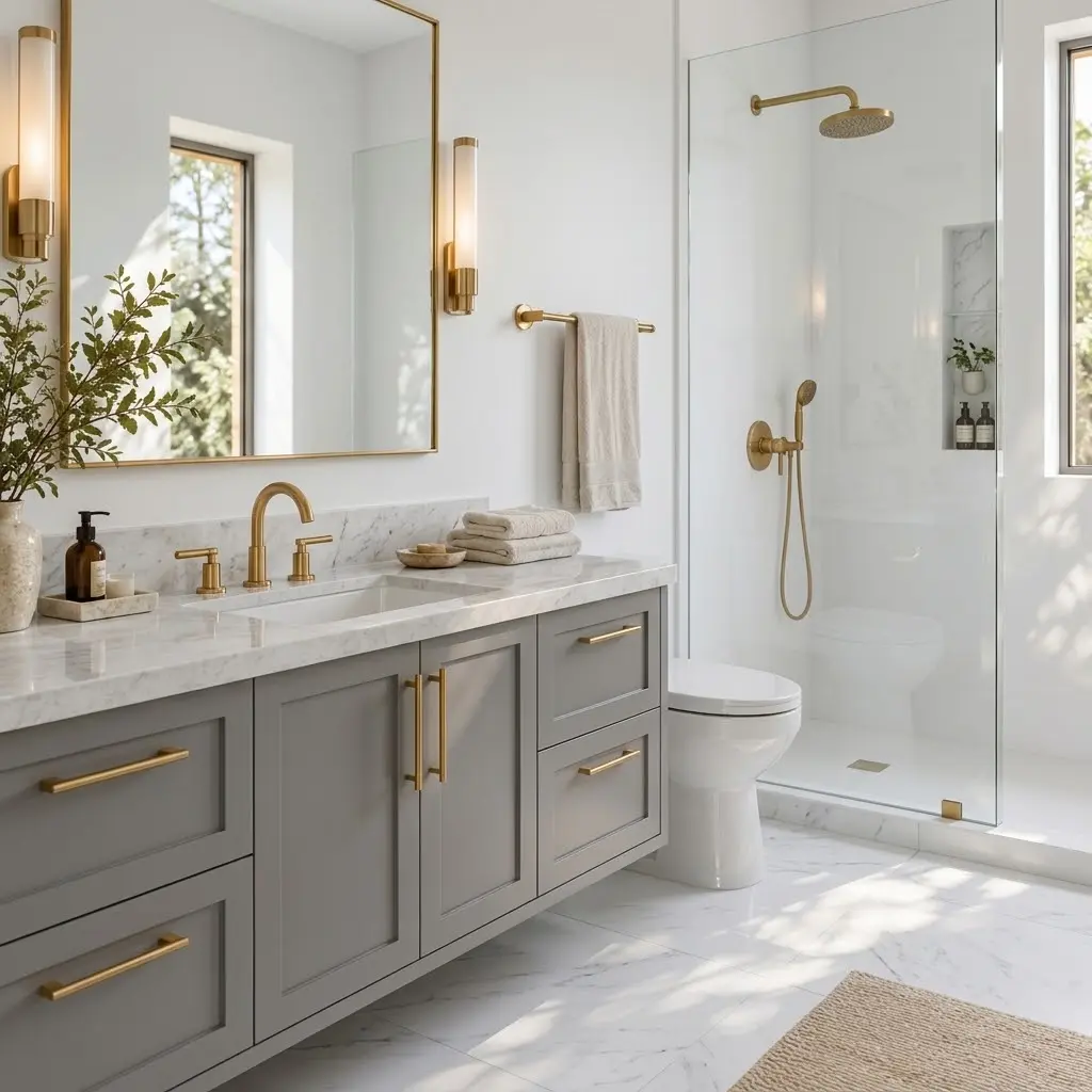 Matching chrome bathroom faucet, shower fixtures, towel rail, and cabinet handles for a coordinated look.