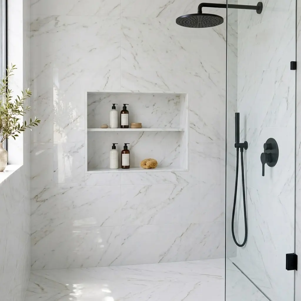 Recessed shower niche with neatly arranged toiletries in a tiled bathtub and shower combination.