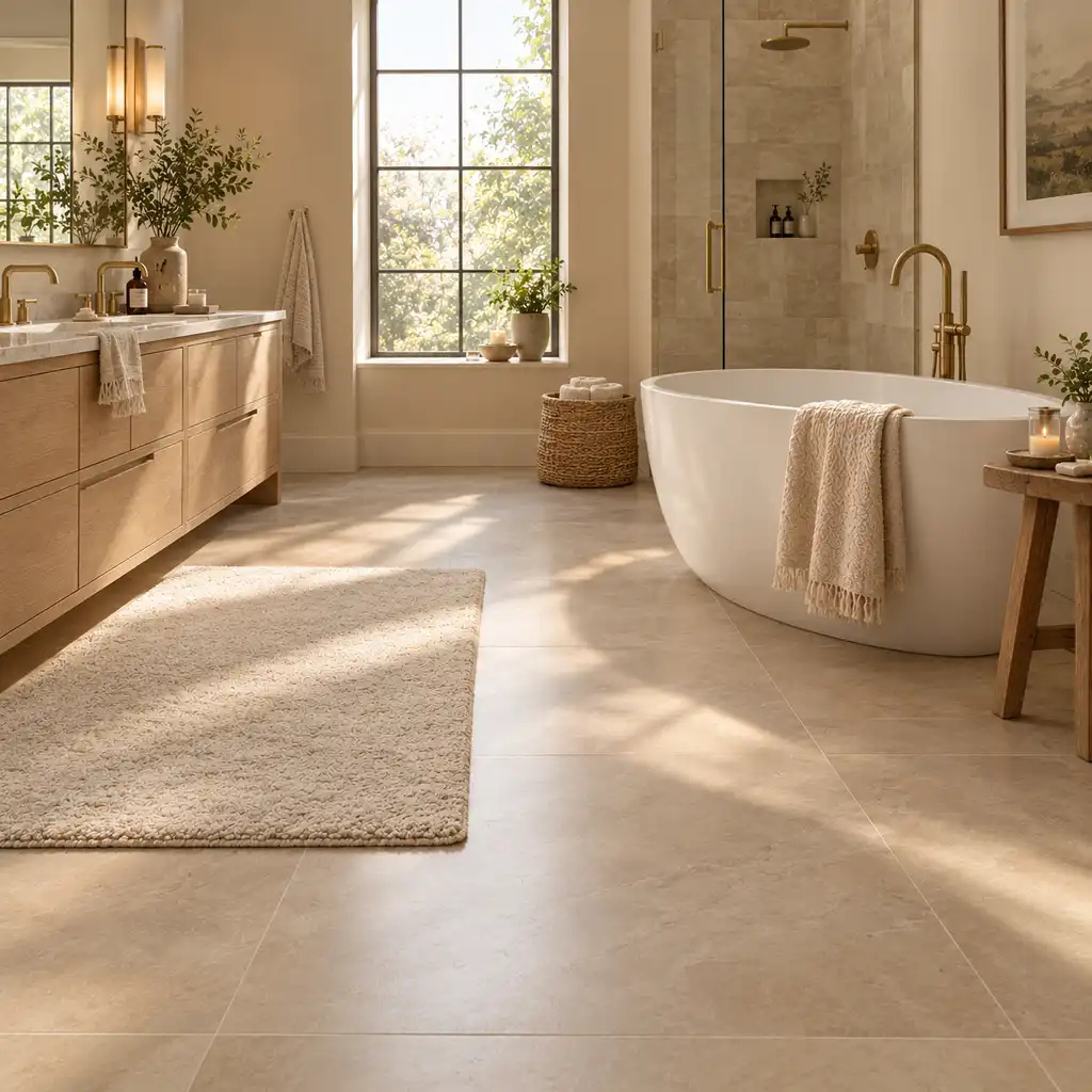Cozy bathroom with a white bathtub, tiled floor, and soft morning sunlight creating a warm atmosphere.
