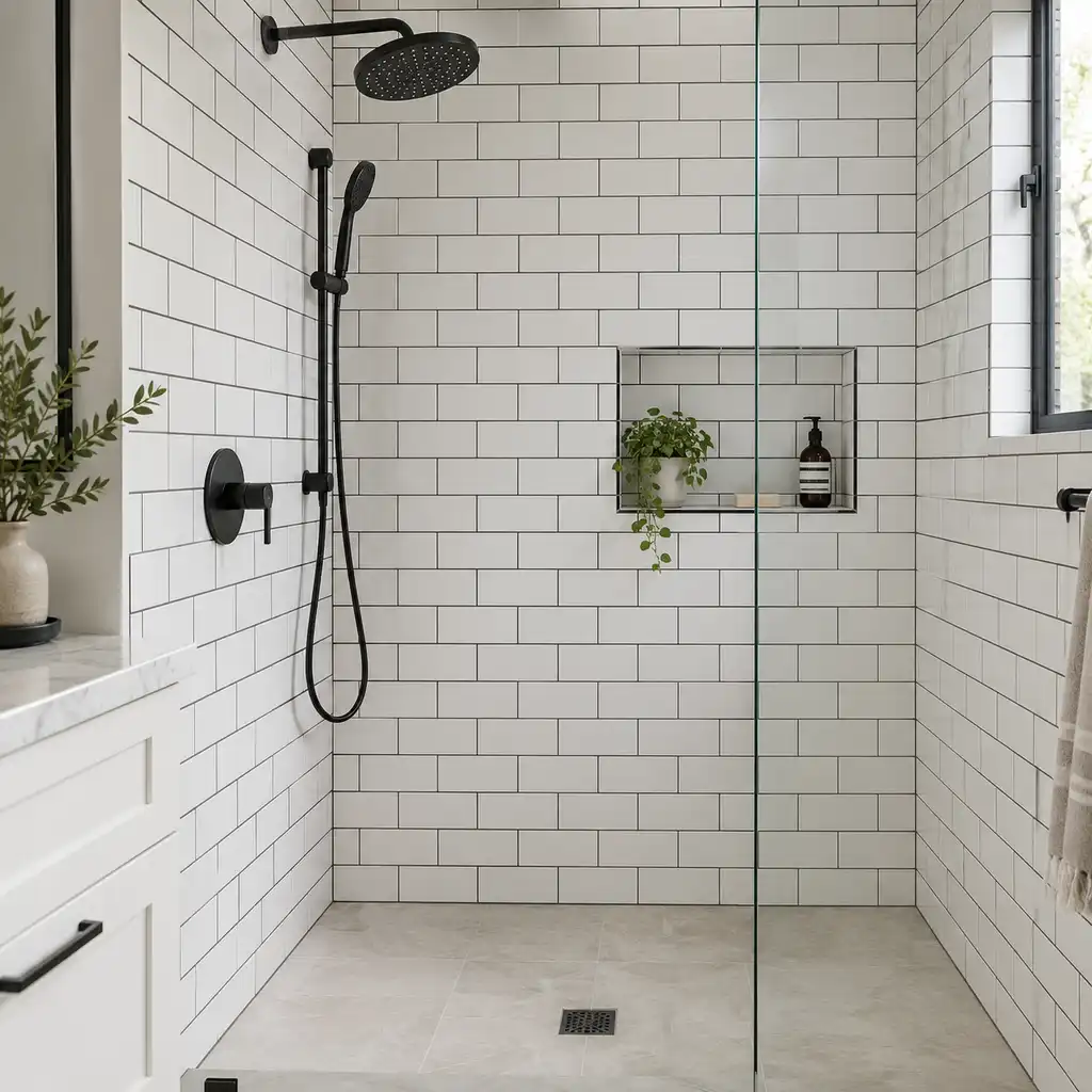 White subway tiles with charcoal grout adding contrast to a simple bathroom shower wall.